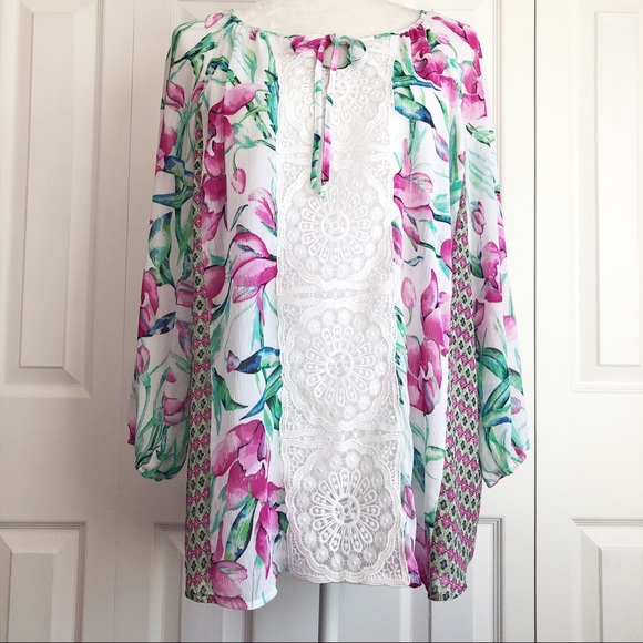 Zac & Rachel Boho Floral Crochet Lace Peasant Blouse Large - Picture 9 of 14